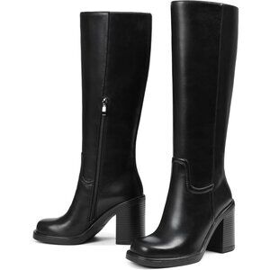 Women's Black Chunky Heel Knee High Boots Wide Calf Boots Tall Boots Leather